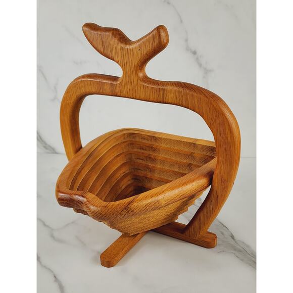 Wood Folding Fruit Basket Apple Shaped 11" John's Wood Shop Handcrafted USA - Picture 4 of 16